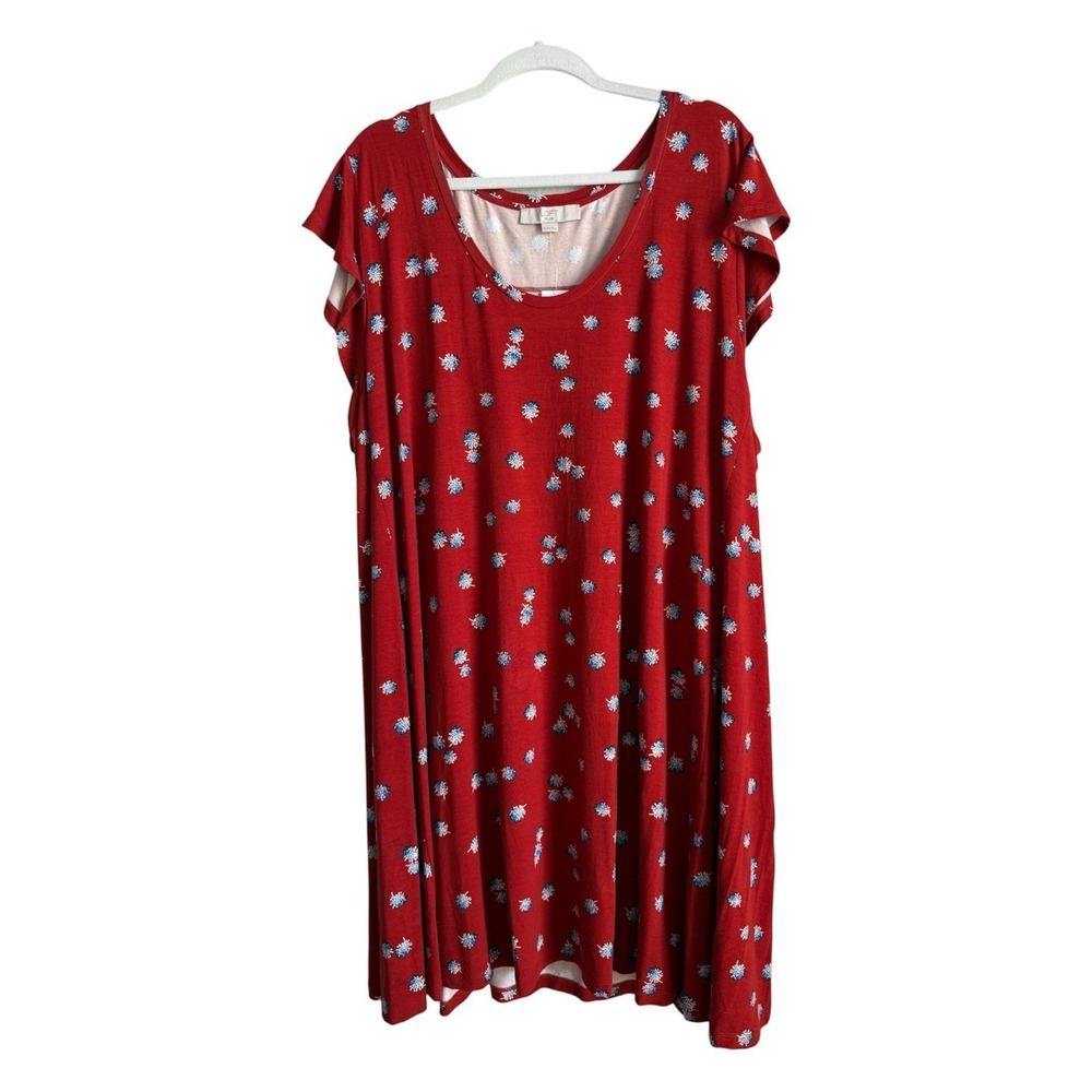 LOFT Red Floral Ditsy Print Flutter Sleeve‎ Swing Dress Women's 24/26 Jersey NEW